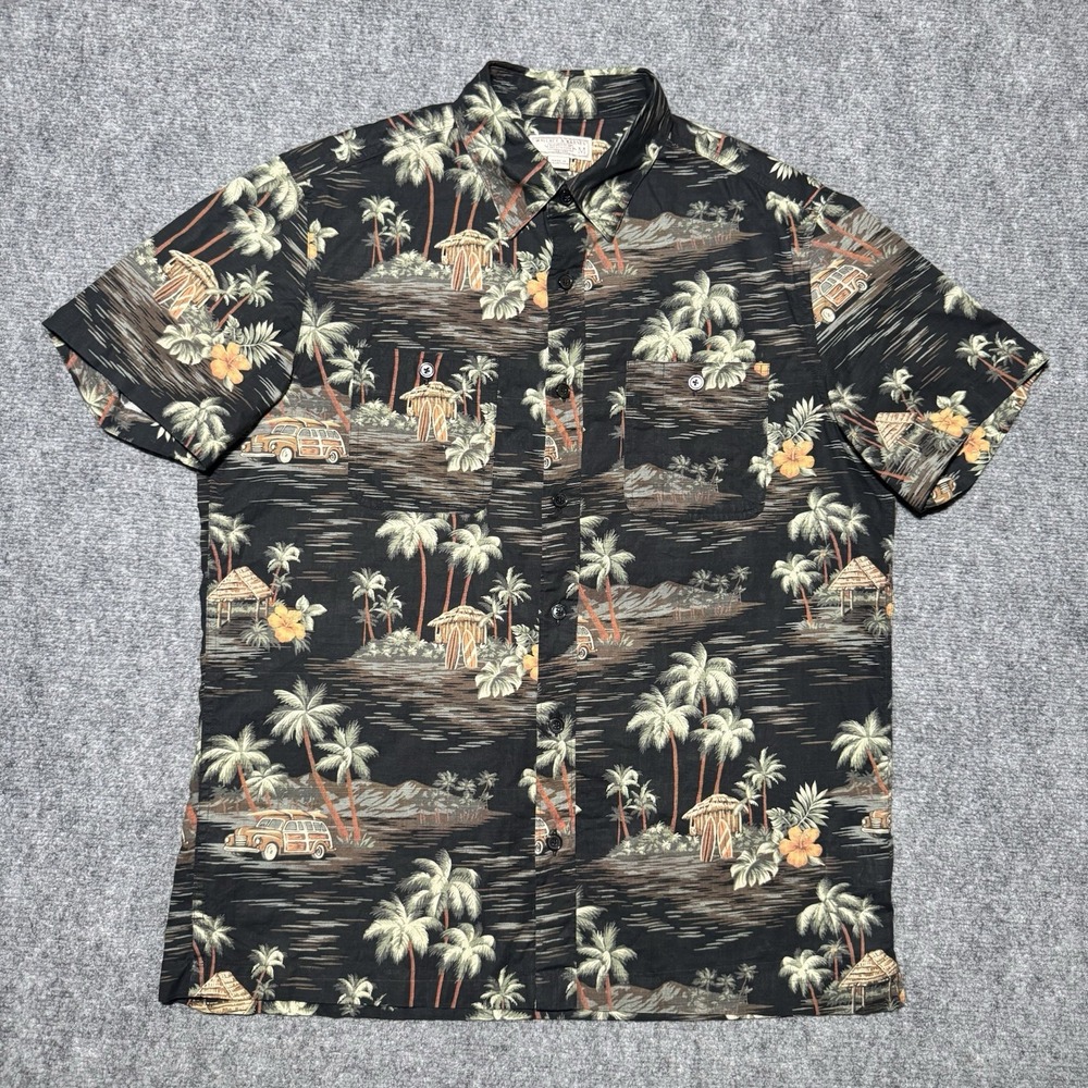 Wallace & Barnes Hawaiian Button Up Shirt Men Medium Black Beach Print Casual